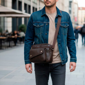 Mariconera Casual de Piel Unisex Ixaga Resistente Mod: Broche - Café