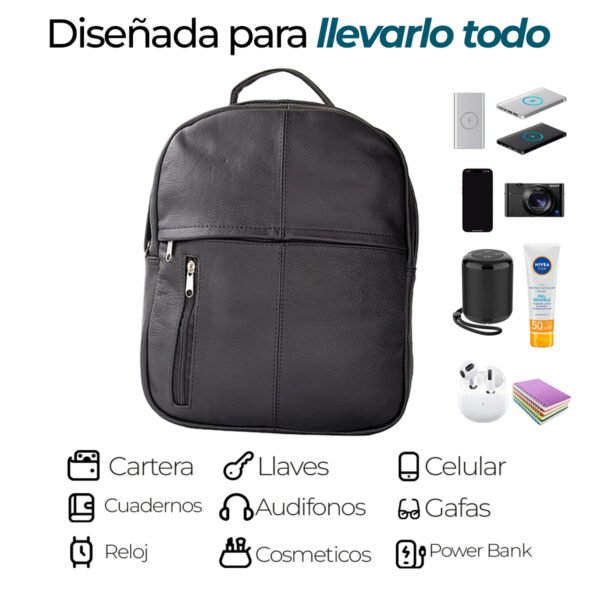 Mochila Negra de Piel Diseño Moderno y Compacto - Imagen 4